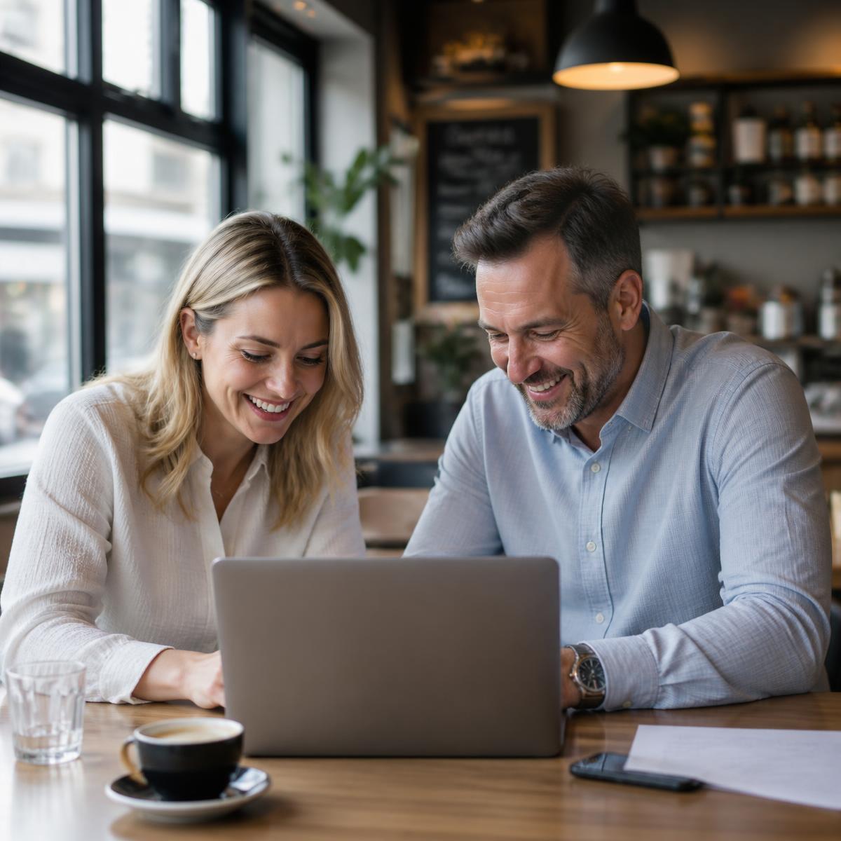 Friendly consultants collaborating with a business owner over a laptop